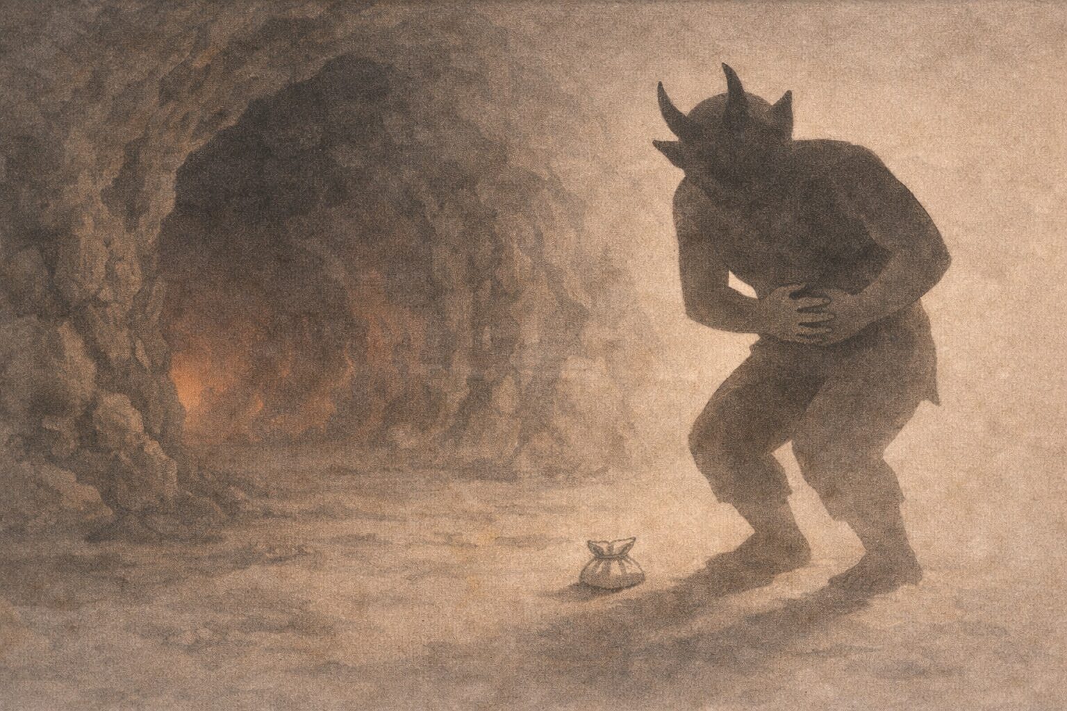 薄暗い地獄の洞の入口で、鬼の大きな影が腹を押さえて困り、足元に小さな薬包みの影だけが置かれた一場面