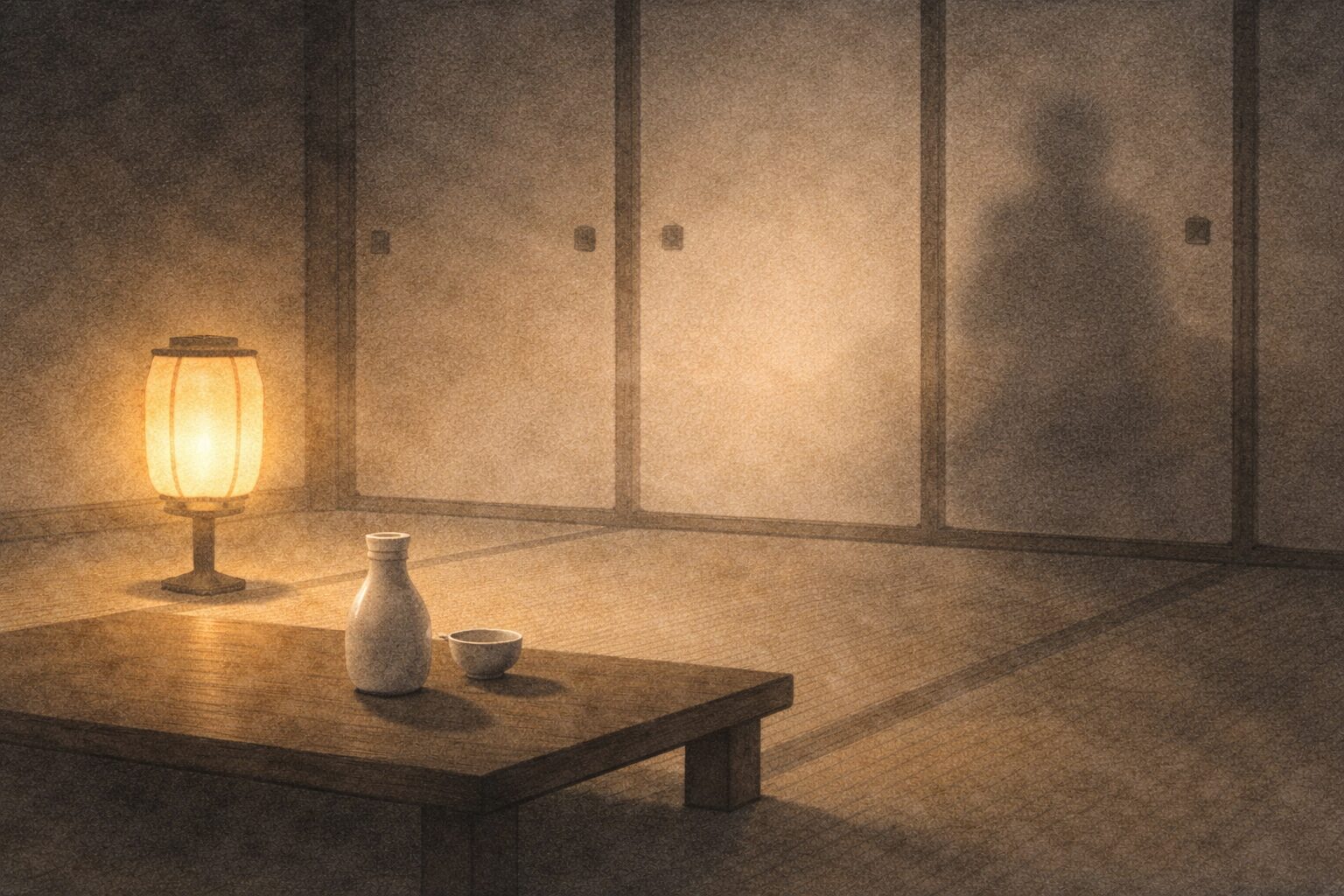夜の座敷で行灯の淡い光だけが揺れ、奥の襖の影に人の気配がにじむ一場面