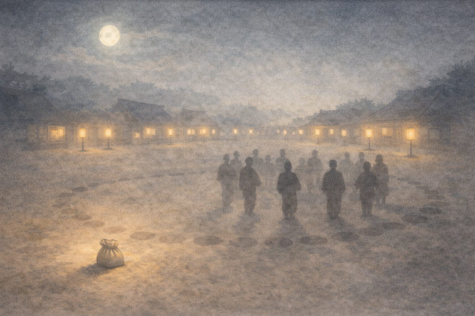 月明かりの広場に提灯の淡い光が並び、盆踊りの輪の影だけが静かに揺れている一場面