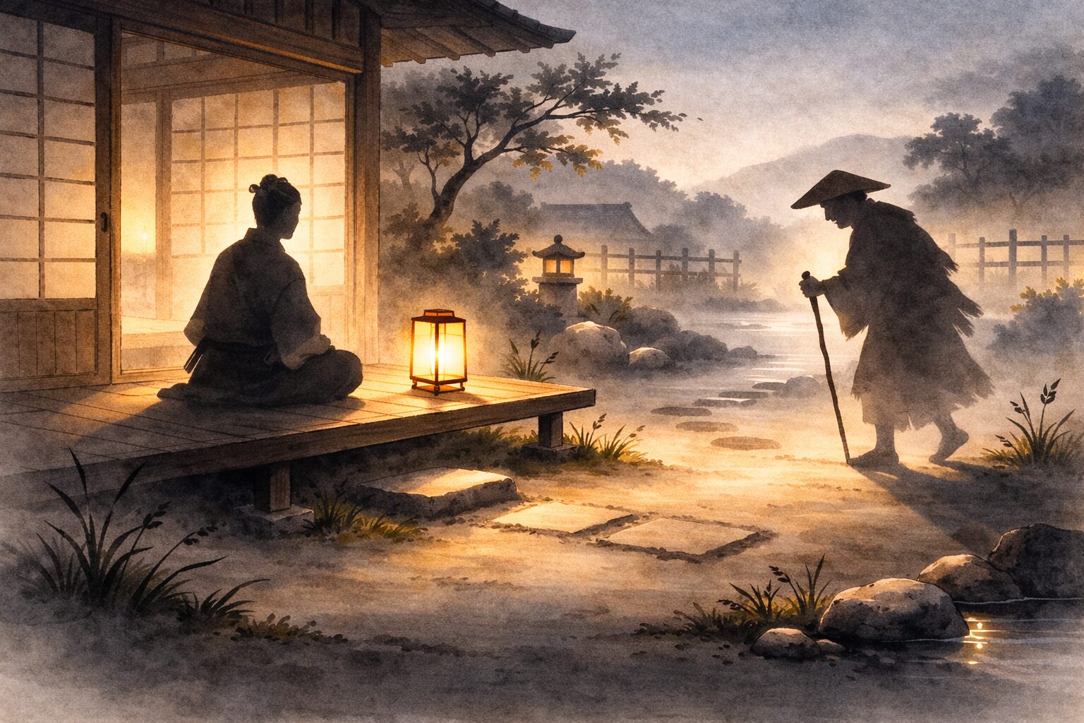 縁側に座る男の影に向かって、杖をついた来訪者の影が静かに近づく一場面