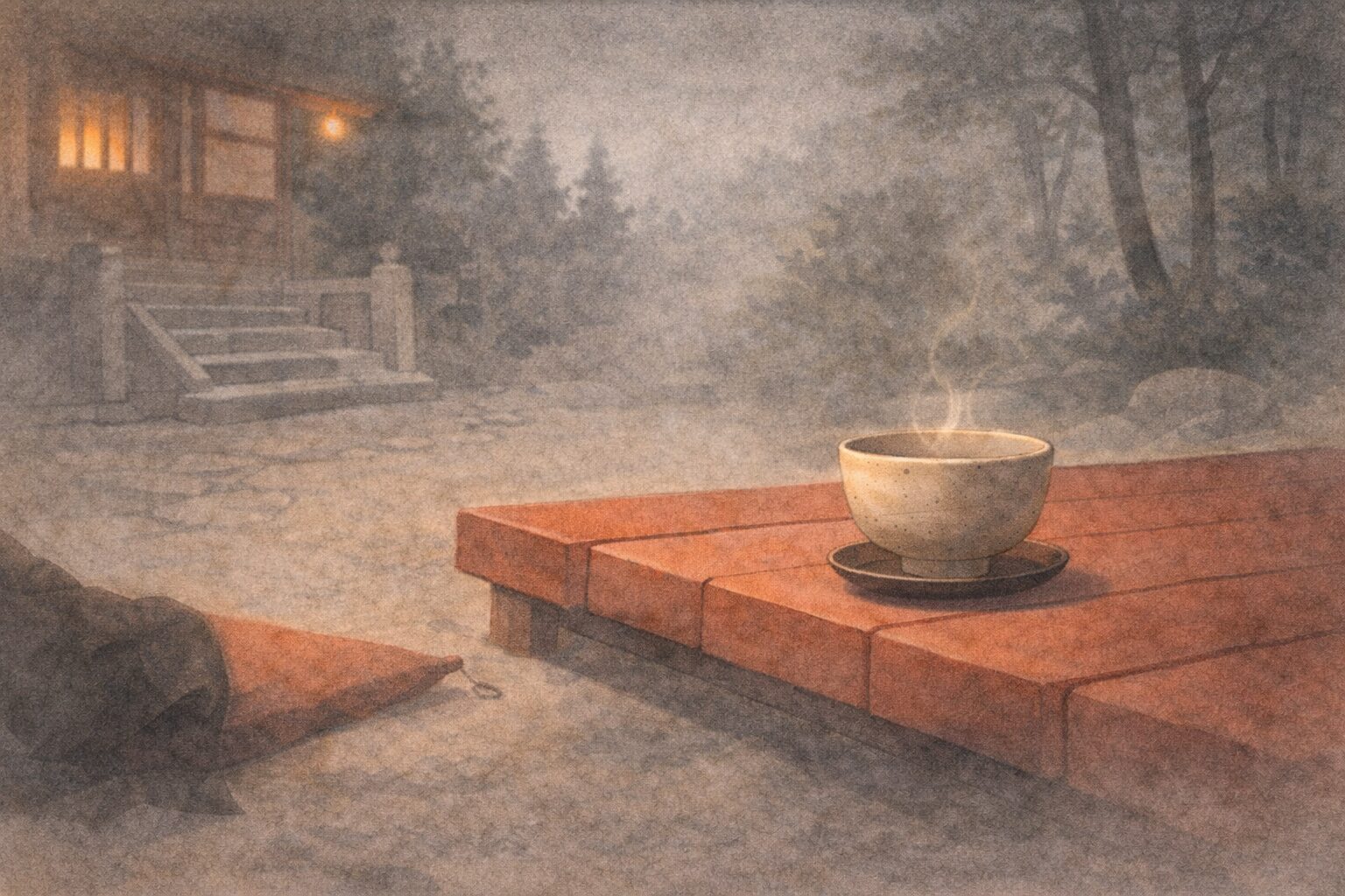 清水寺の茶店を思わせる縁台に湯気の立つ茶碗が置かれ、人物は描かれず首をかしげた気配だけが残る一場面