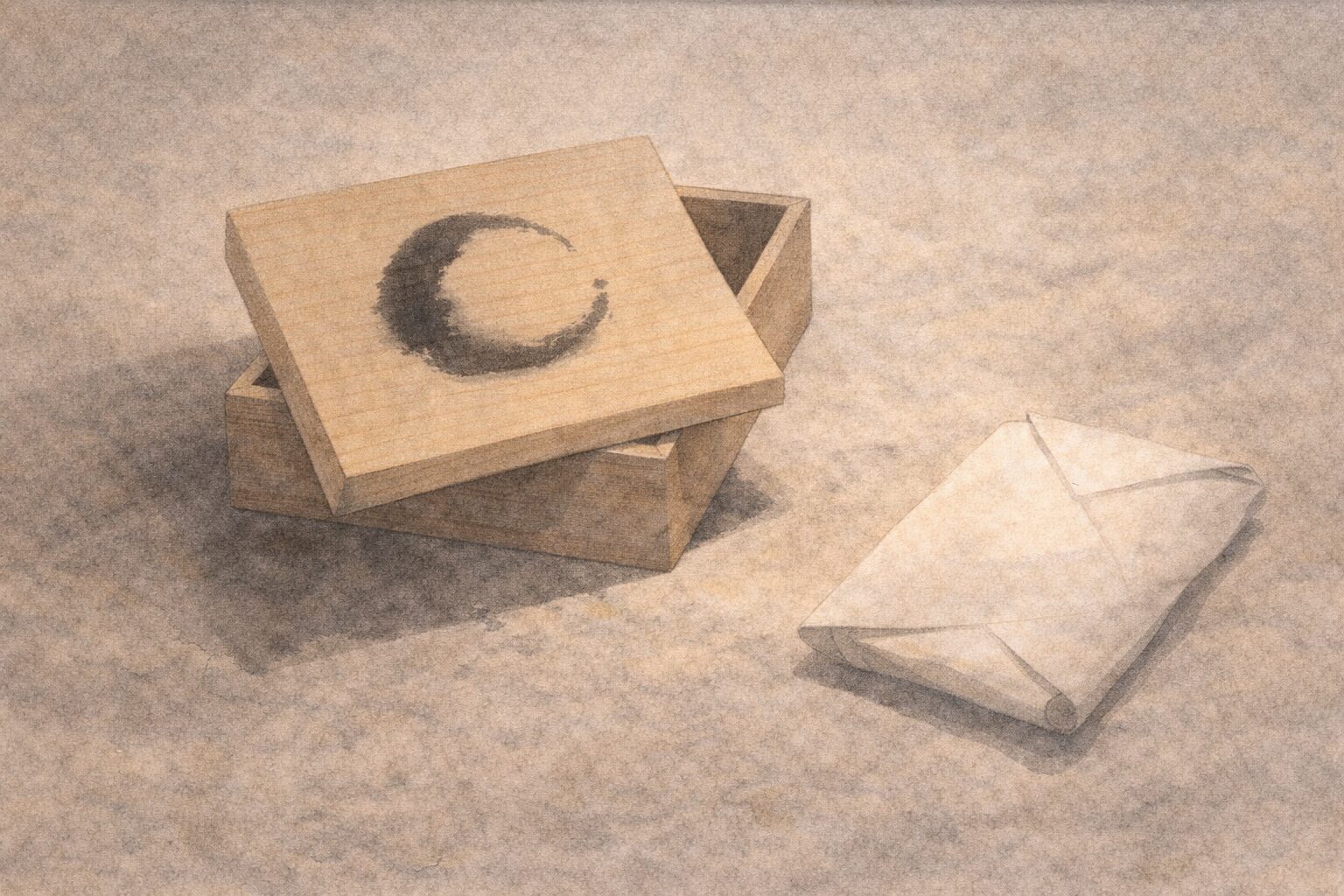 木箱の蓋に墨のような丸い印だけがにじみ、そばに包み紙が置かれた静かな一場面