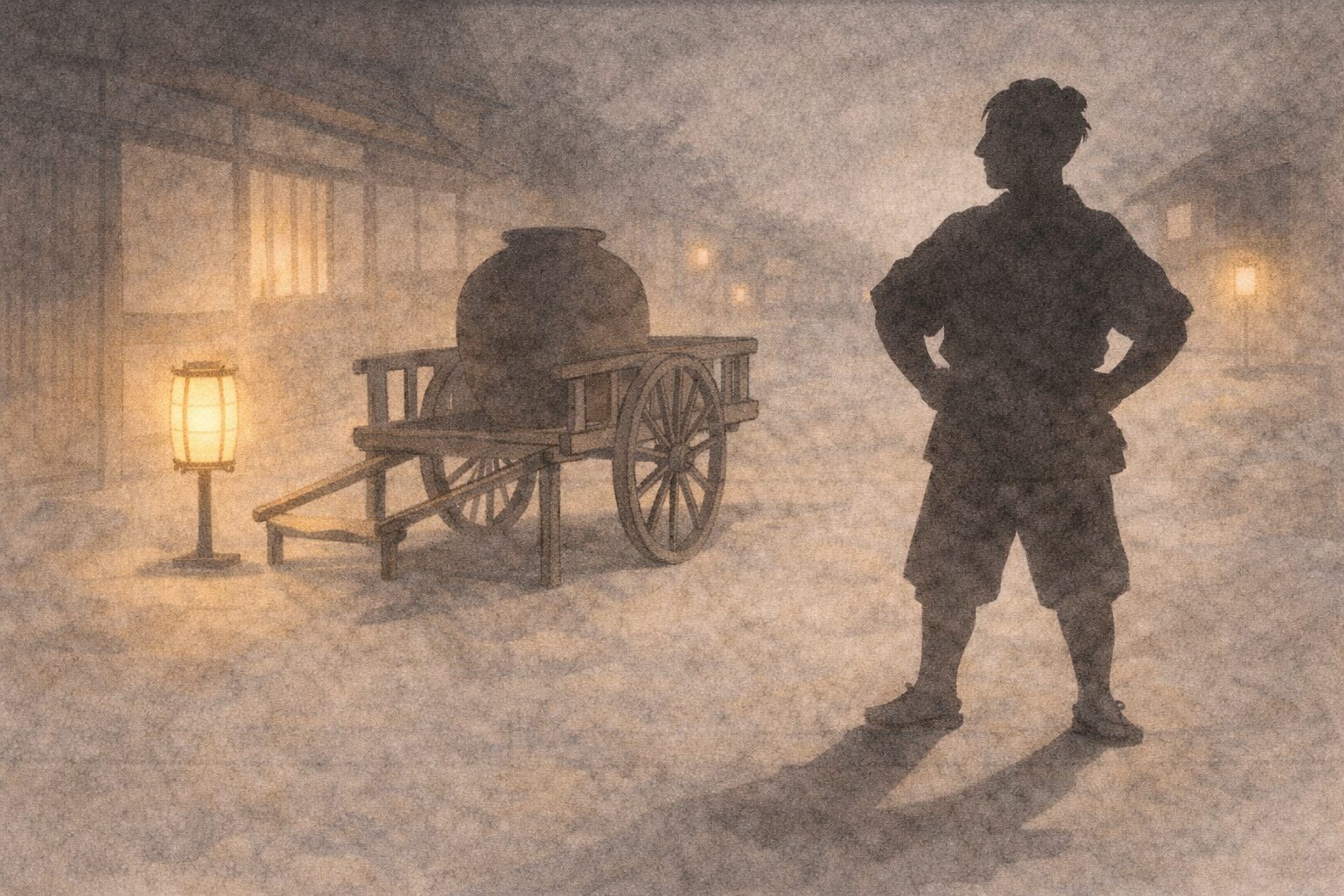 夜の路地で荷車に大きな水がめの輪郭が載り、手前の男の影が得意げに立つ一場面