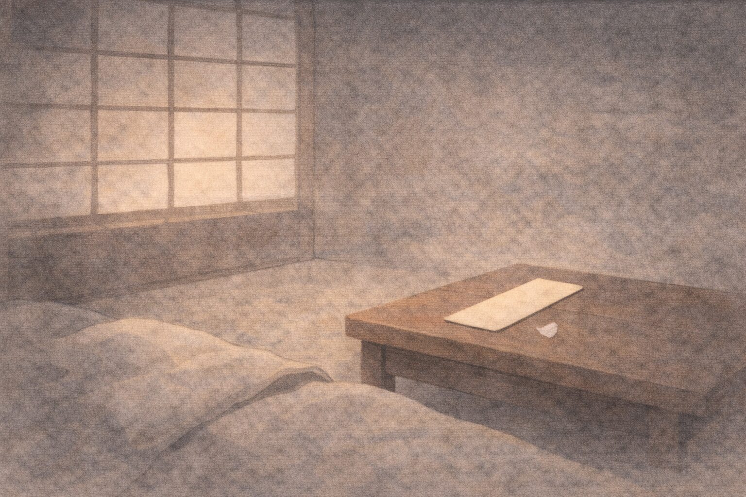 薄明かりの座敷で、枕元の小机に短冊が置かれ、障子越しの光だけが静かに差す一場面