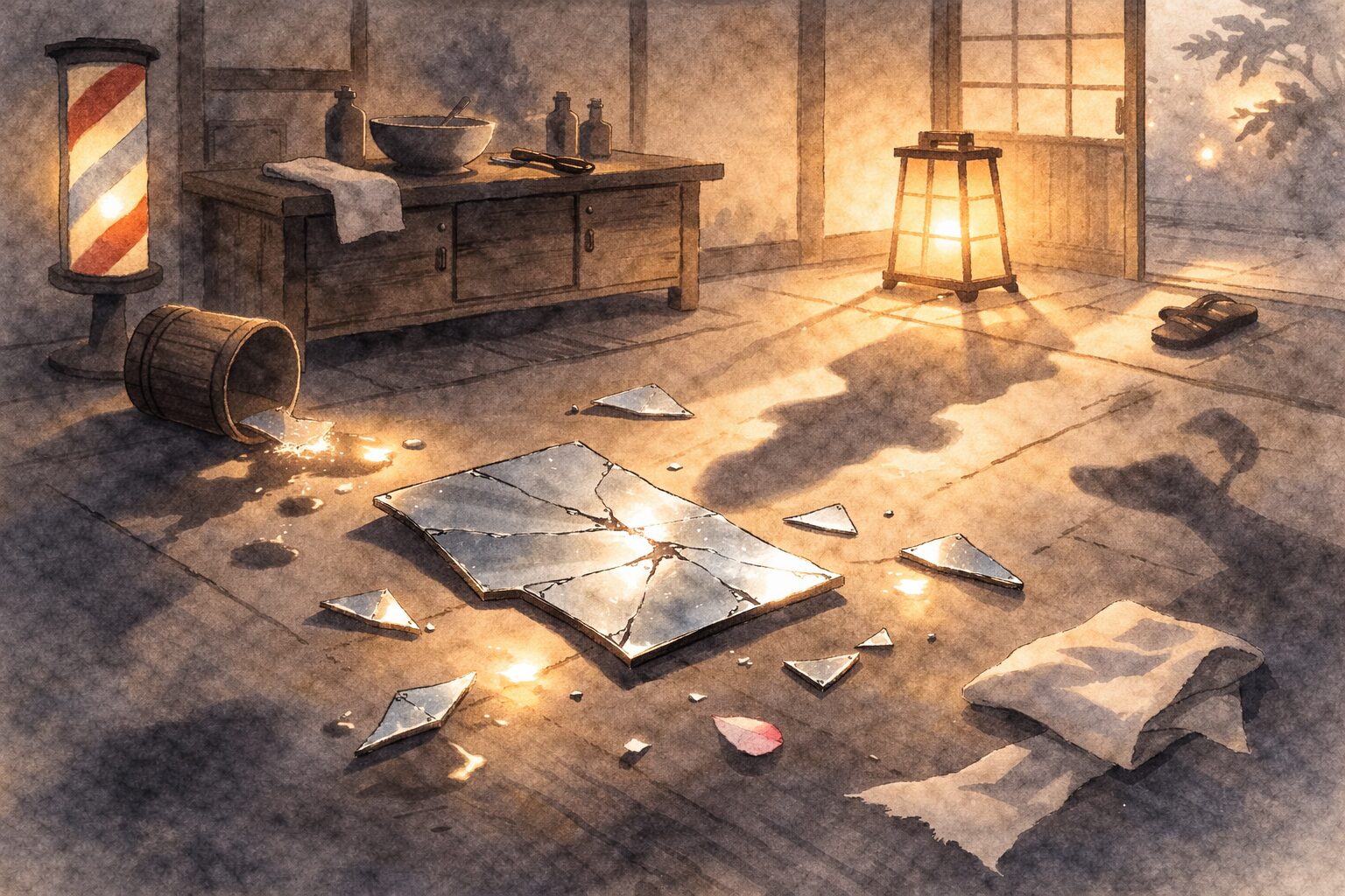床屋の店先を思わせる室内で、割れた鏡の破片が光り、慌てた気配の影だけが落ちている一場面