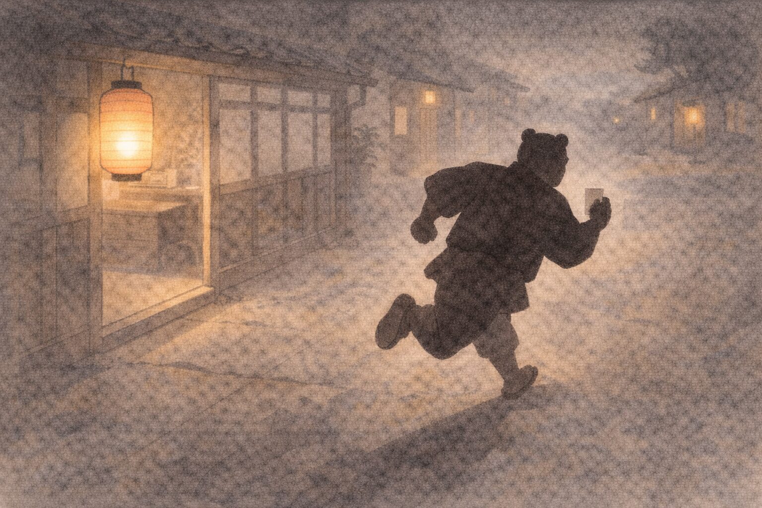 夜の店先で、熊さんの影が提灯の光に照らされながら紙片を握りしめ、路地へ駆け出す一場面
