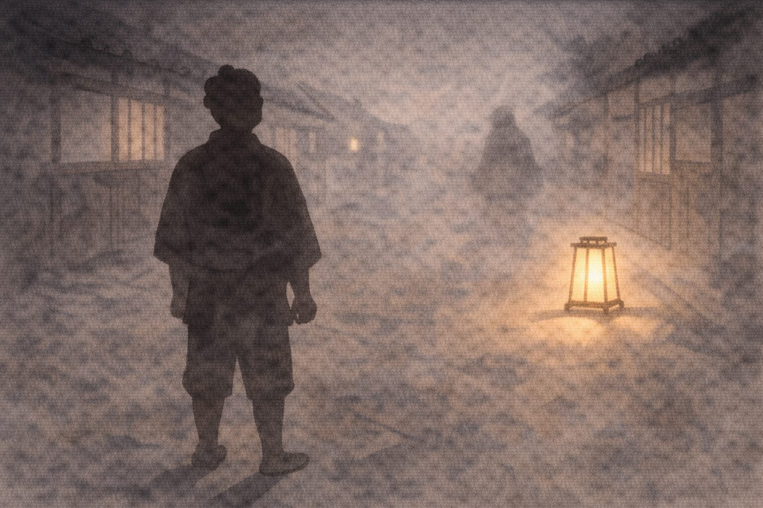 夜の長屋の路地で行灯の淡い光の下、男の影が立ち尽くし背後に気配だけが漂う一場面