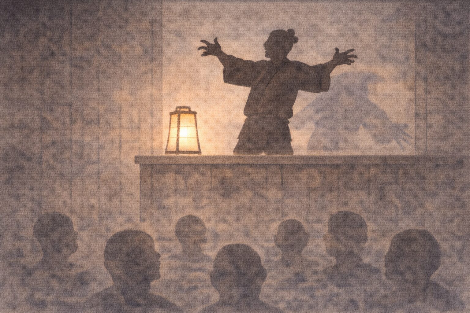 湯屋の番台の上で、若旦那の影が大げさな身振りで一人芝居を始め、男湯の客の気配が集まる一場面