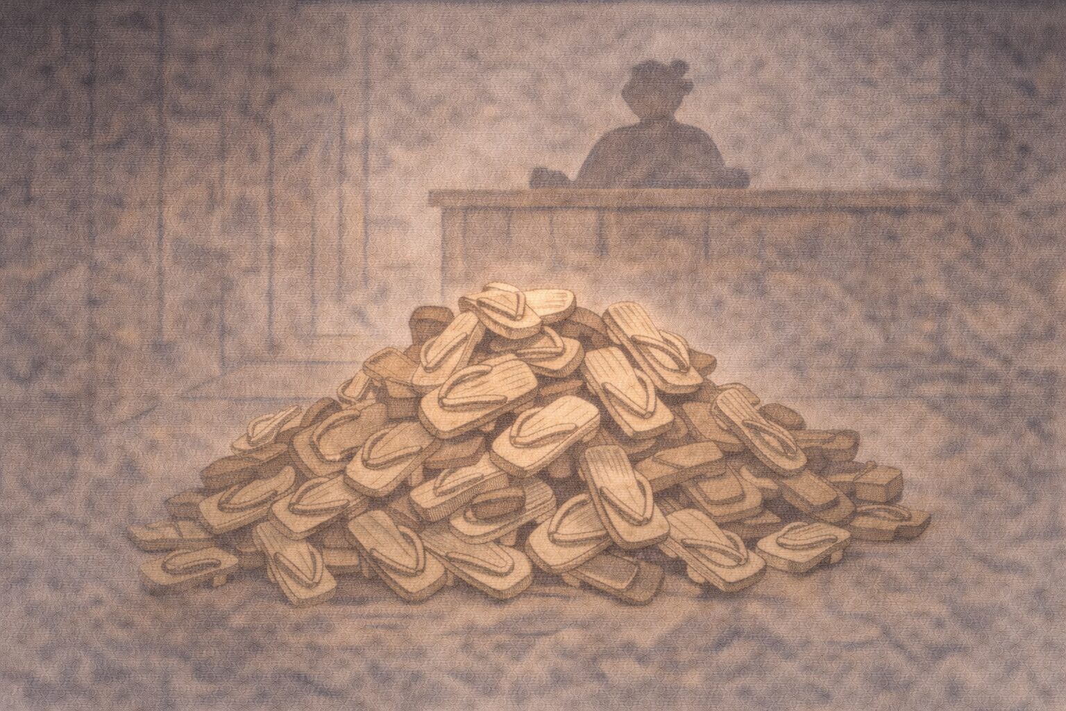 湯屋の入口に下駄が取り違えられて山のように積まれ、番台の影だけがのんびり見下ろしている一場面