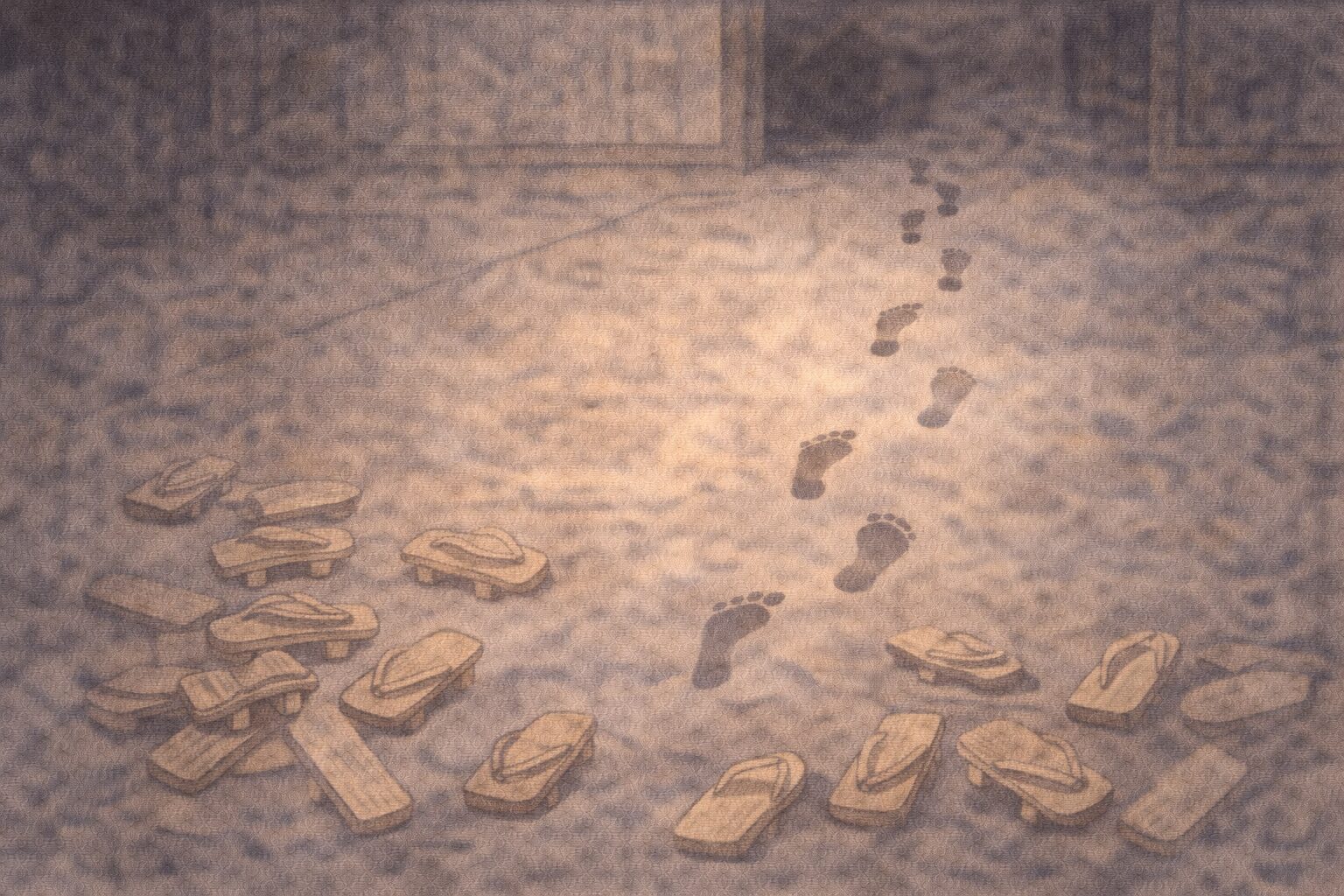 湯屋の入口の土間に下駄の跡が乱れ、最後に裸足の足跡だけが奥へ続く一場面