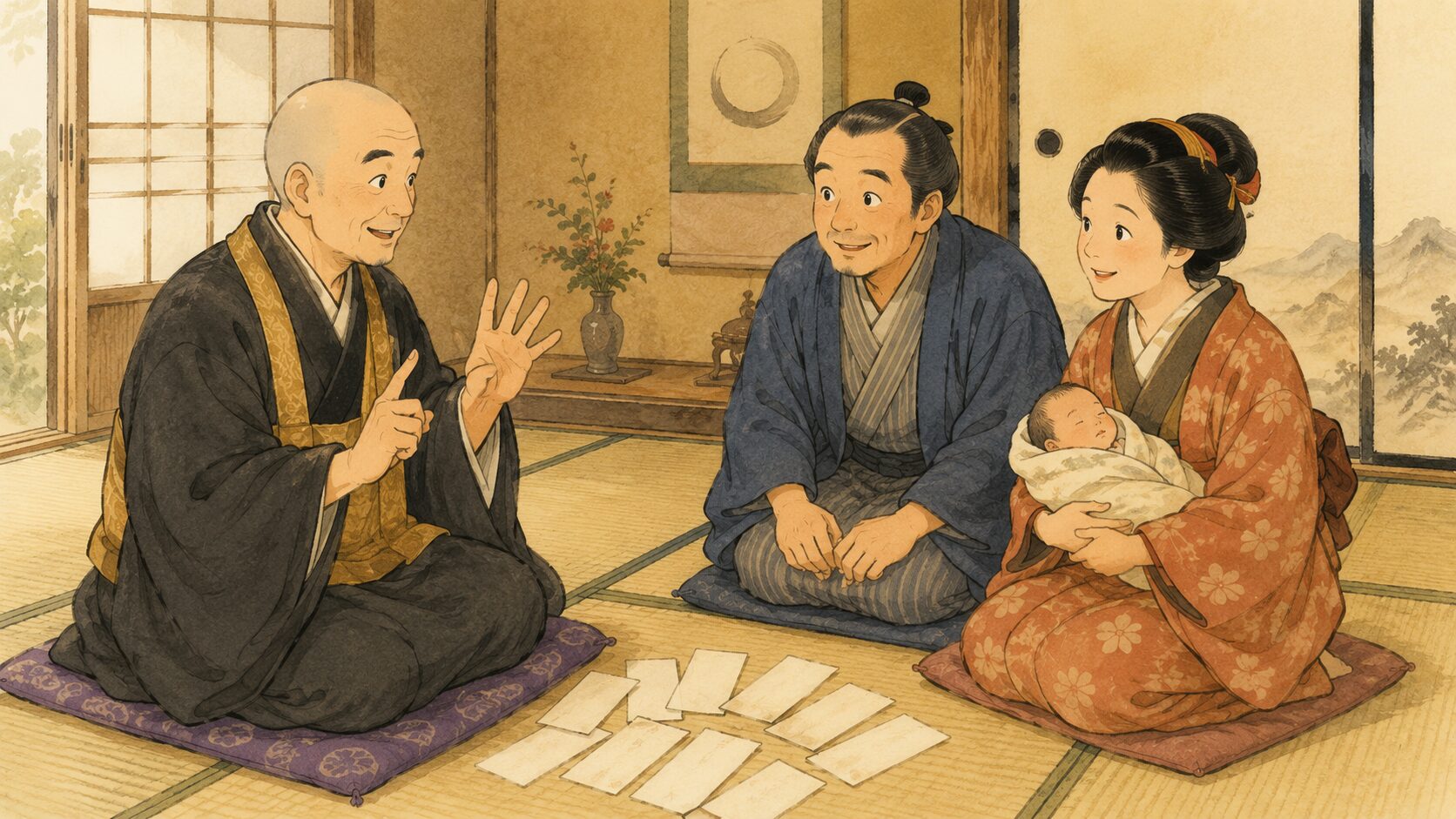 『寿限無』で父母が和尚に子どもの縁起のよい名前を相談している場面