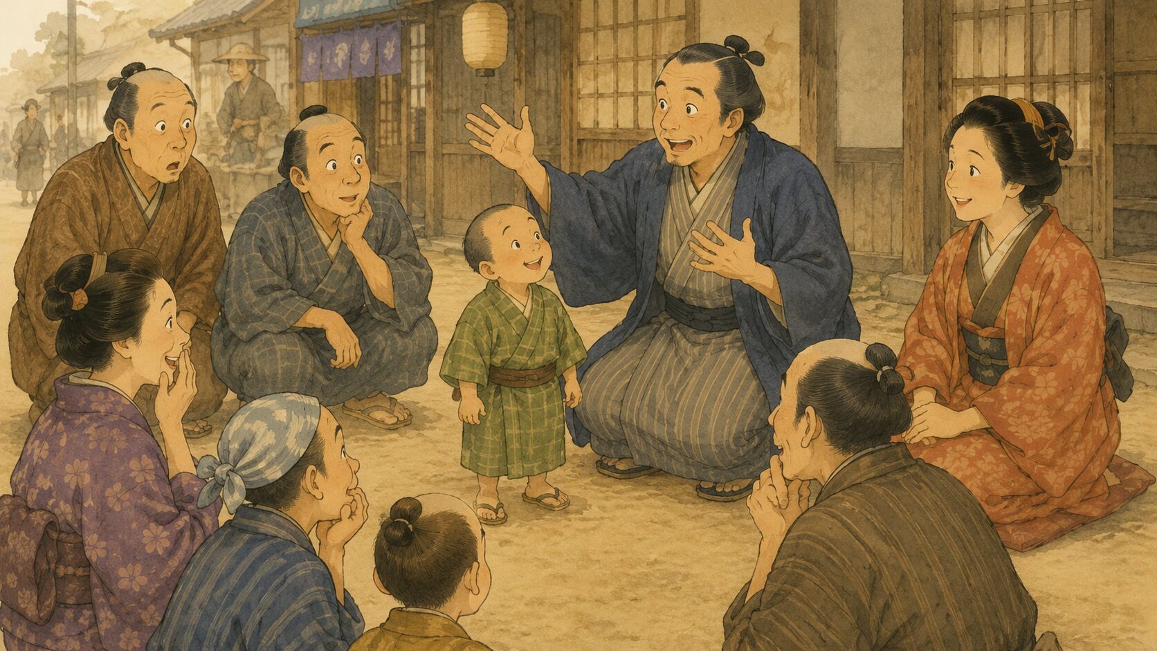 『寿限無』で父親が長い名前を誇らしげに紹介し、周囲の人々が驚いて聞いている場面