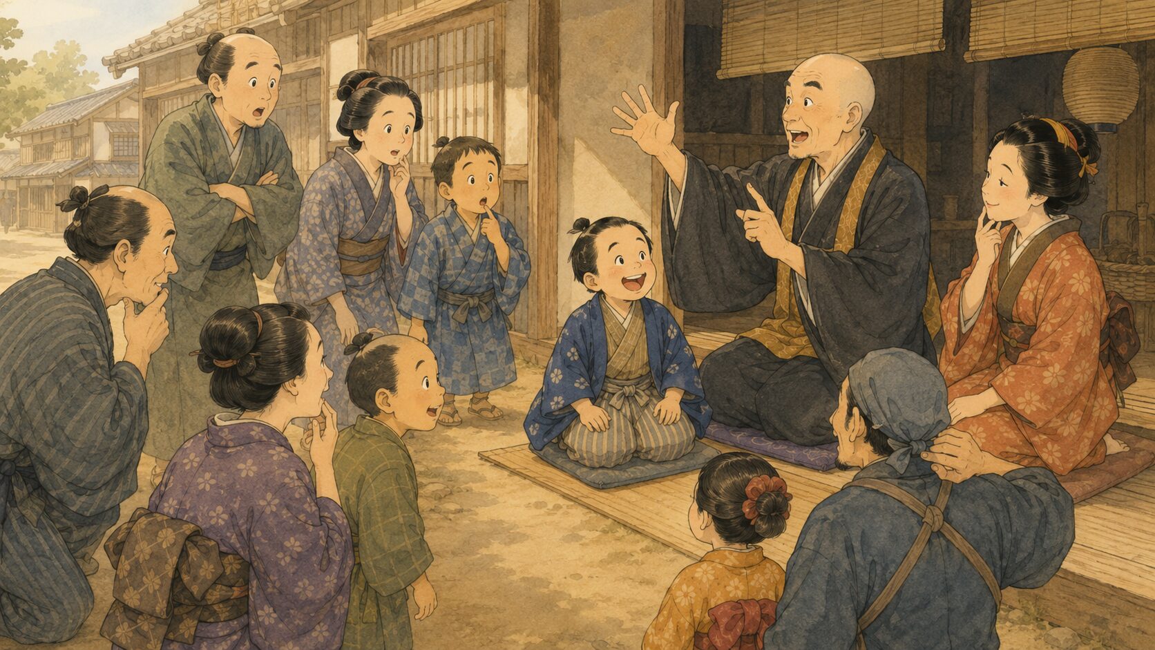 『寿限無』で子どものたんこぶ騒動をめぐり、長い名前のせいで伝えるのに時間がかかっている場面