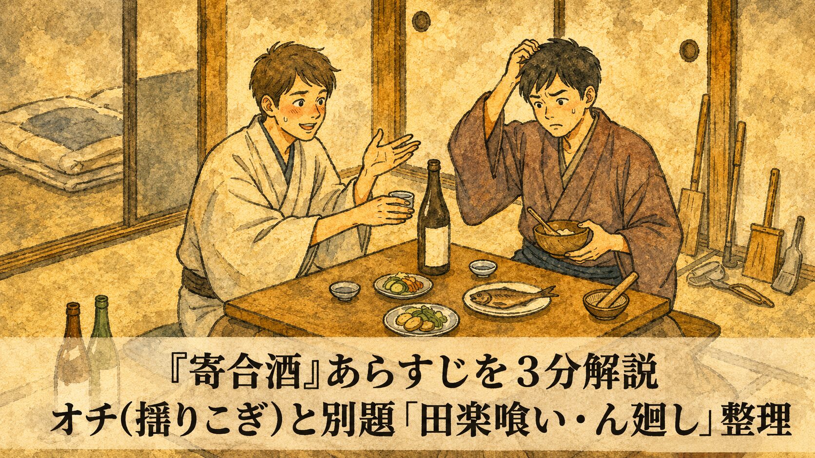 金欠の若い衆が持ち寄り酒を始めたものの、準備不足のまま失敗が連鎖して最後に擂りこぎの勘違いへ落ちる寄合酒の可笑しみを表した和風イラスト