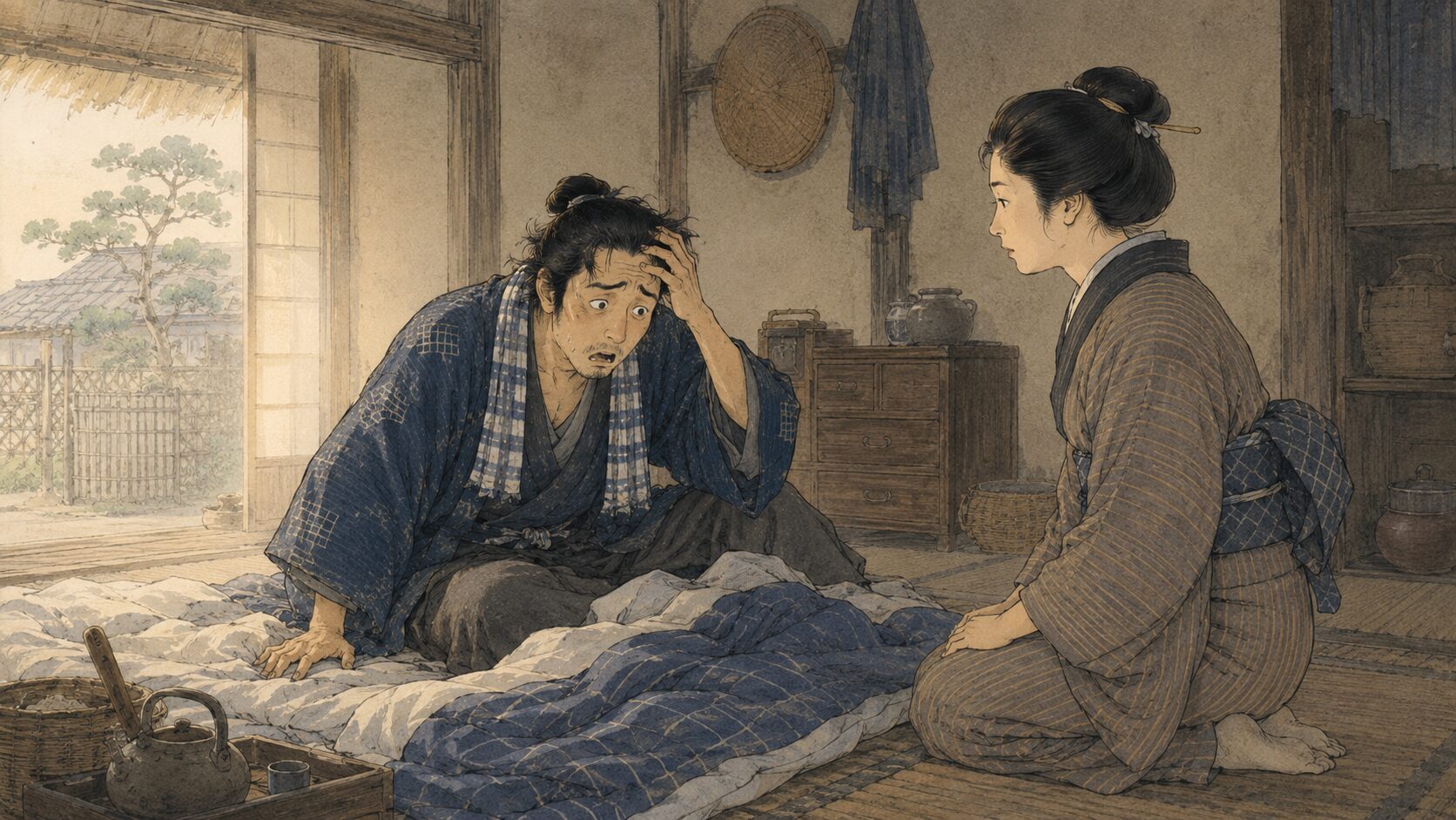 『芝浜』で二日酔いの勝に妻が財布は夢だったと静かに告げる場面