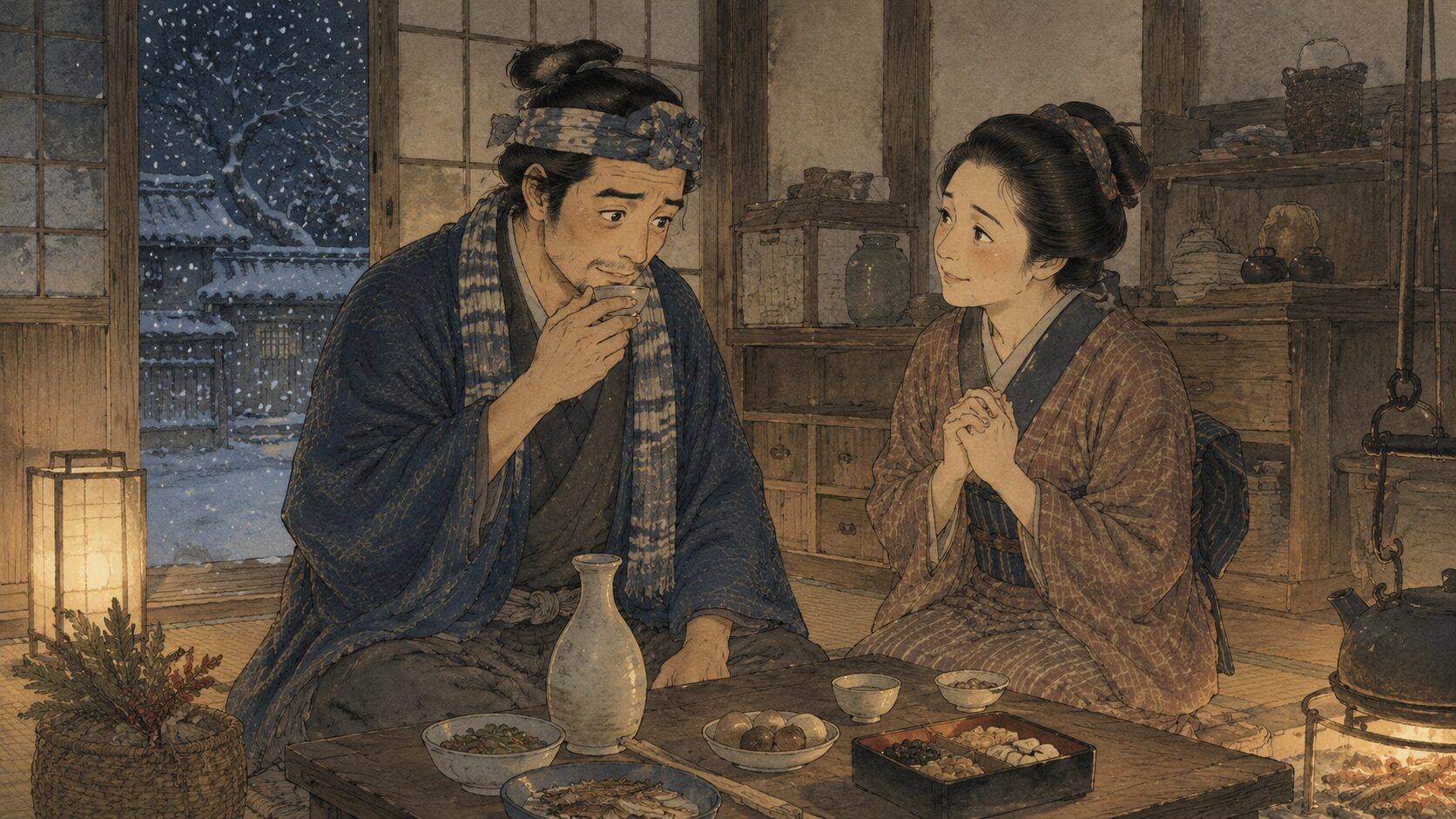 『芝浜』で更生した勝が大晦日の祝い膳で酒を断ろうとする場面