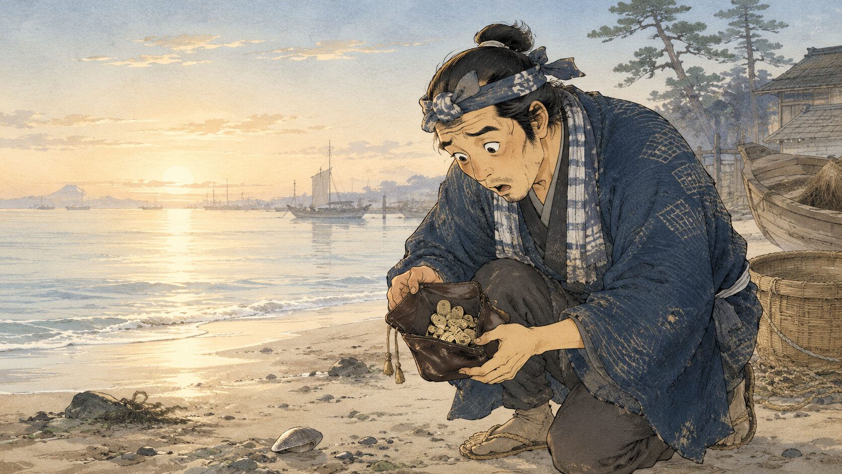『芝浜』で魚屋の勝が早朝の浜辺で大金の入った財布を見つけて驚く場面