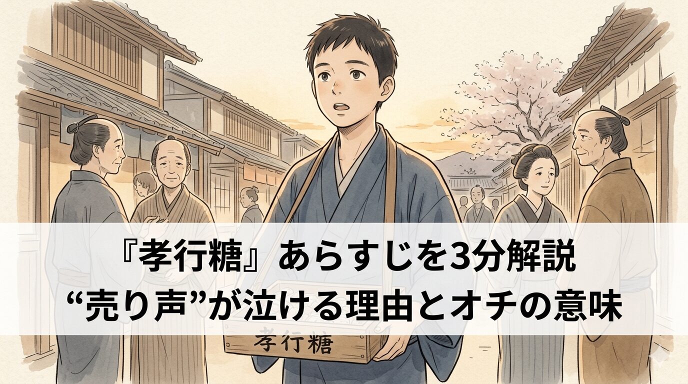 夕暮れの町で孝行糖を売る与太郎の売り声が、人情と信用の両方を背負いながら最後に崩れていく可笑しみを表した和風イラスト