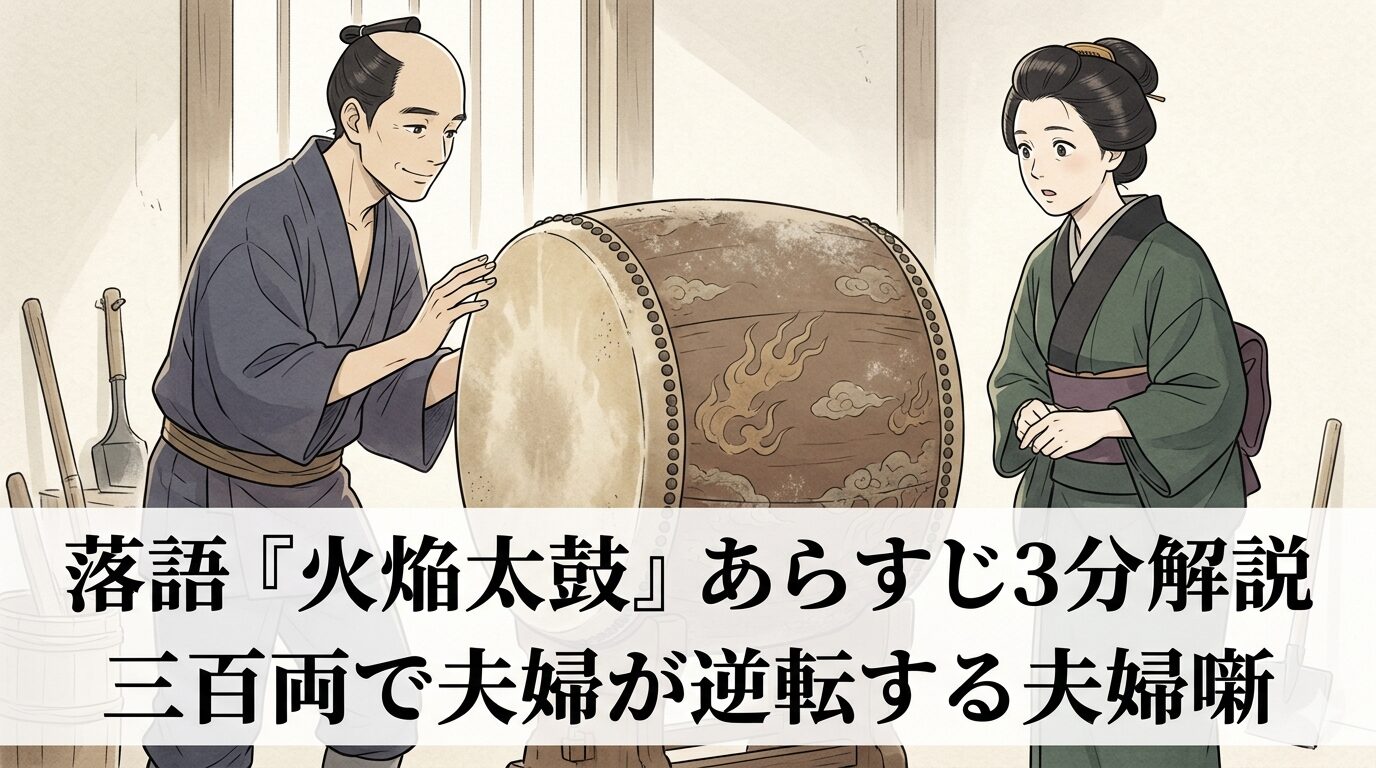 古びた太鼓が名品と判明し、夫婦の力関係まで一変する火焔太鼓の痛快さを表した和風イラスト