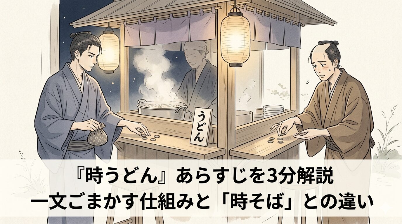 夜のうどん屋台で一文ごまかしを真似しようとして崩れる男と、時うどん特有の理屈の可笑しみを表した和風イラスト