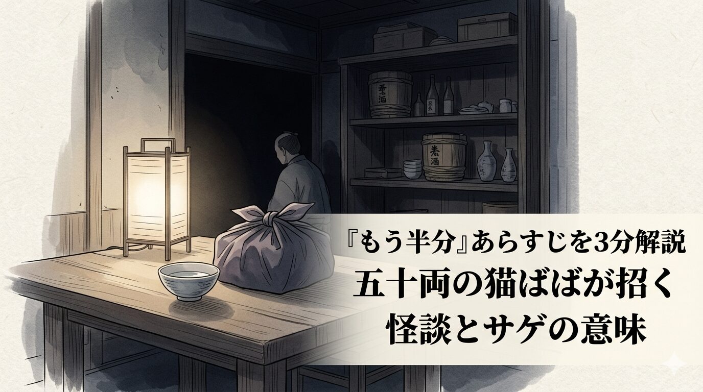 夜の酒屋で半分だけ注がれた酒と置き忘れられた風呂敷包みが、不穏な因果を感じさせる『もう半分』の情景