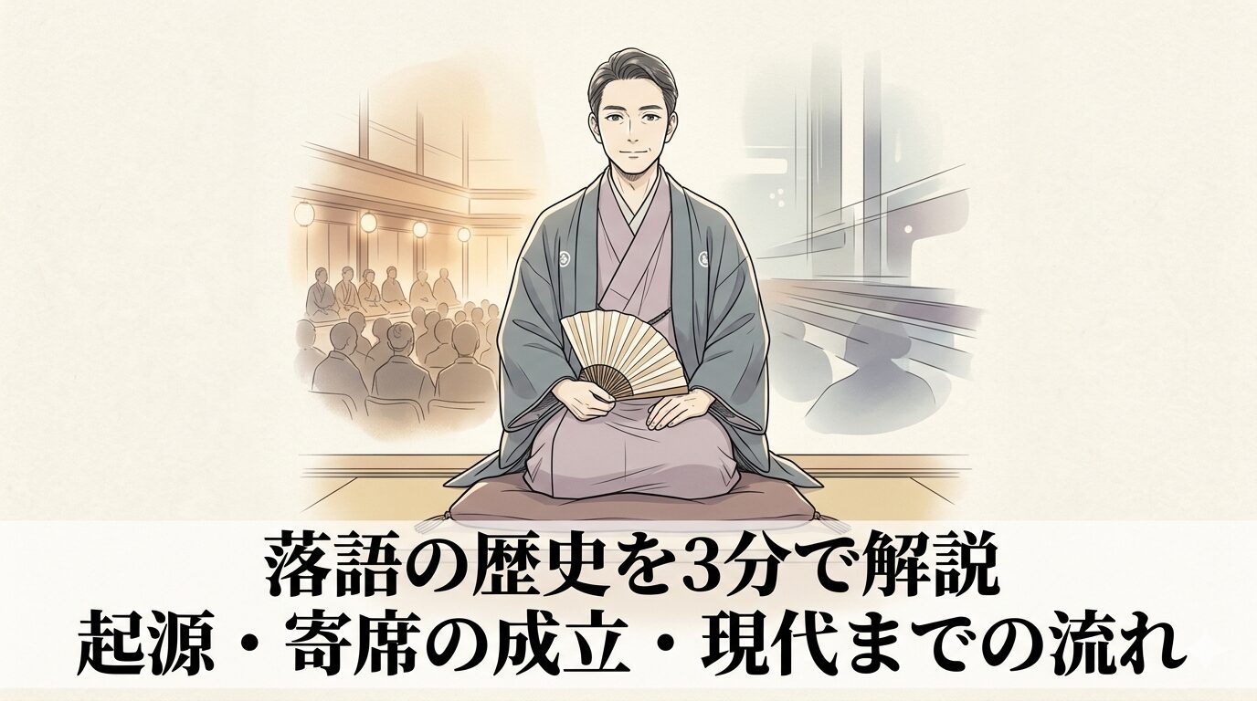 落語の起源から寄席の成立、現代の配信まで続く歴史の流れを表した和風イラスト