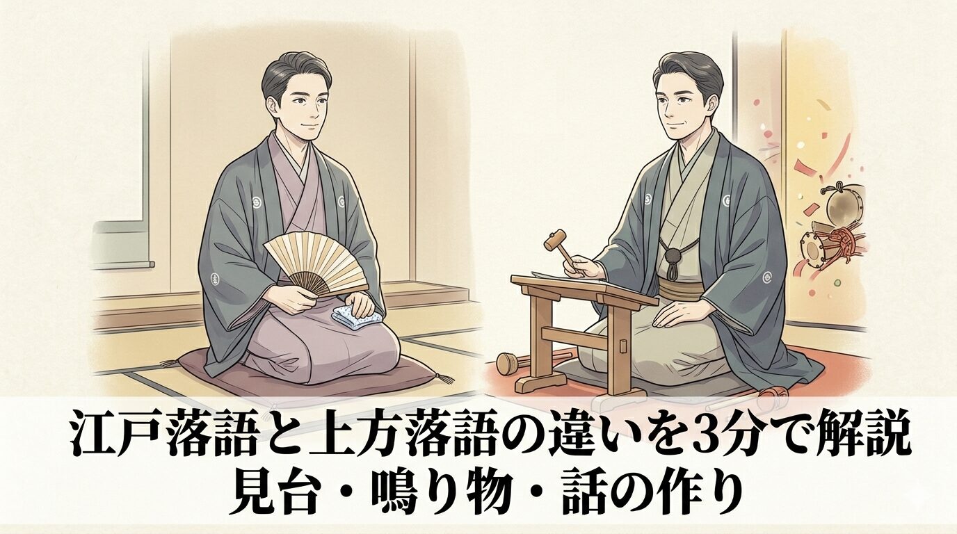 江戸落語と上方落語の違いを、見台や鳴り物、高座の空気感の対比で表した和風イラスト