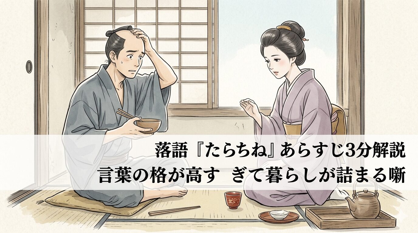 長屋の暮らしの中で、武家言葉の格式がそのまま残る妻と戸惑う夫の会話のズレを表した和風イラスト