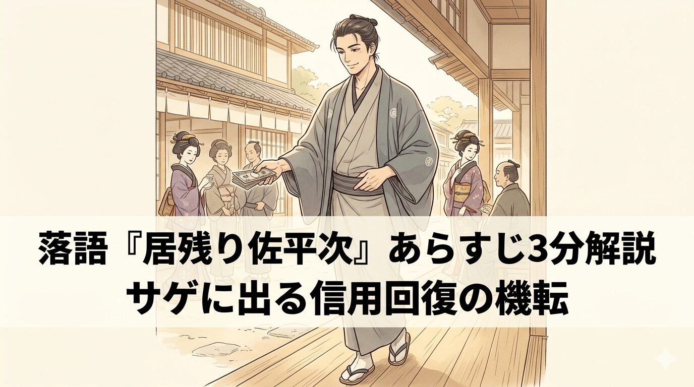 遊里に居残った佐平次が場を回す働きで信用を取り戻し、最後に勘定を清算して去る痛快さを表した和風イラスト