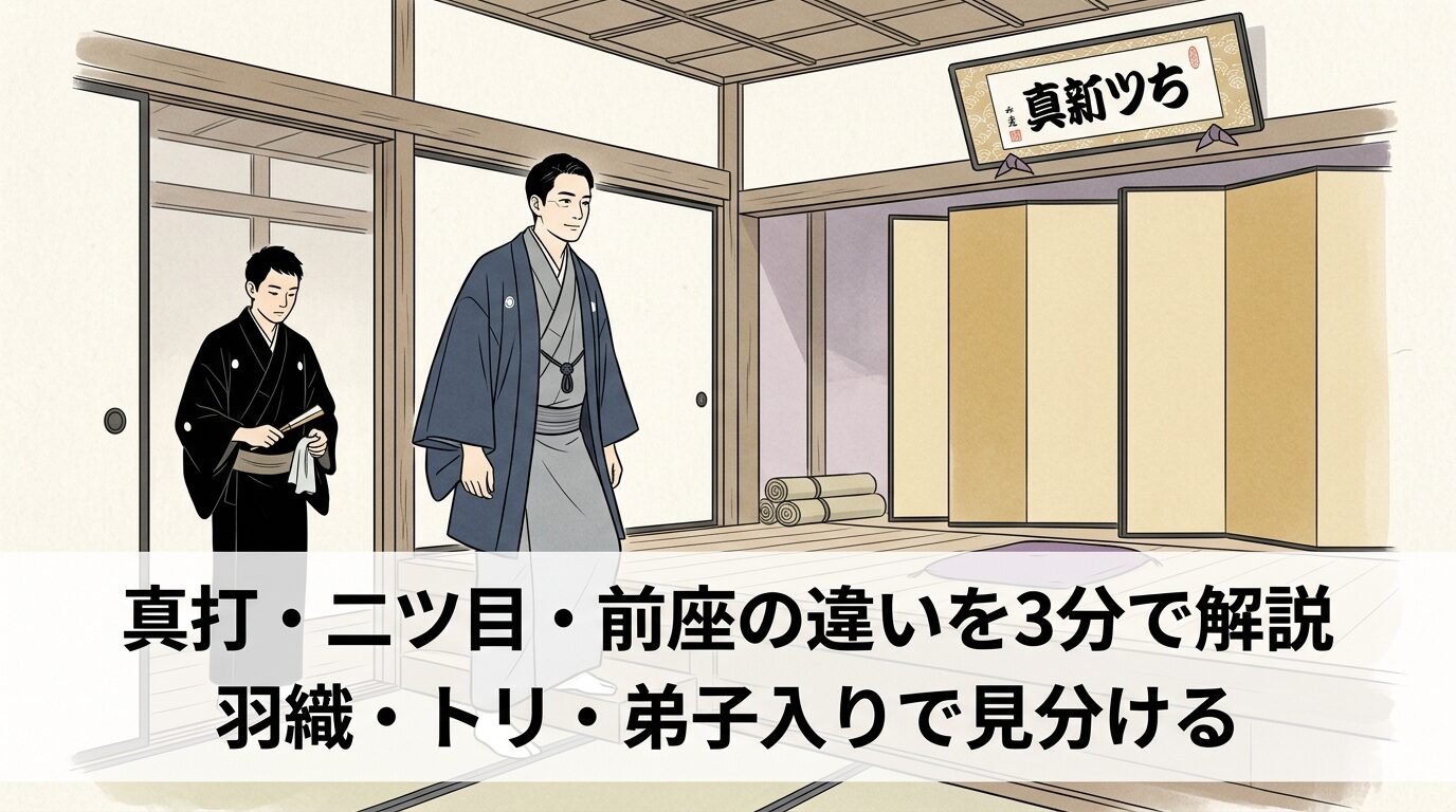 寄席の高座と楽屋の空気の中で、前座・二ツ目・真打の違いが羽織やトリ、師匠格の気配として伝わる和風イラスト