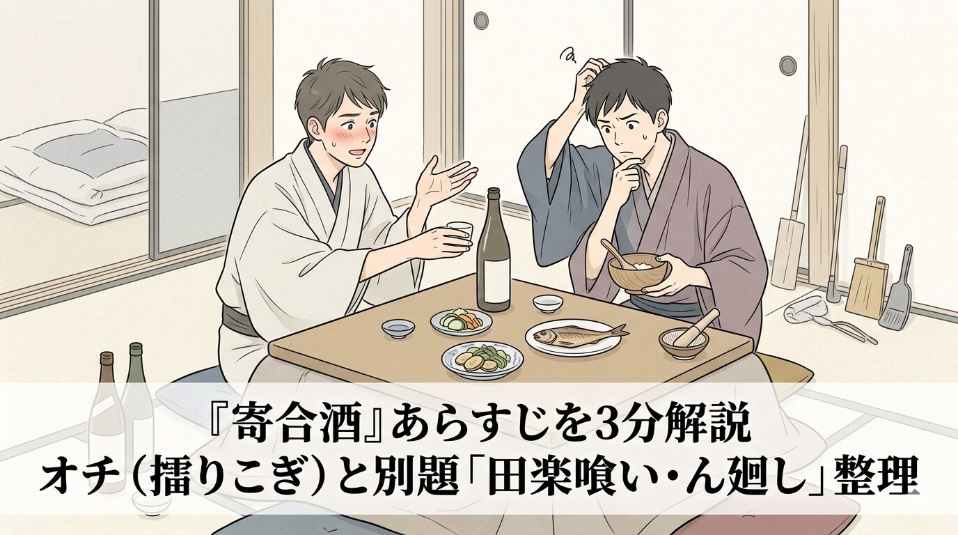金欠の若い衆が持ち寄り酒を始めたものの、準備不足のまま失敗が連鎖して最後に擂りこぎの勘違いへ落ちる寄合酒の可笑しみを表した和風イラスト