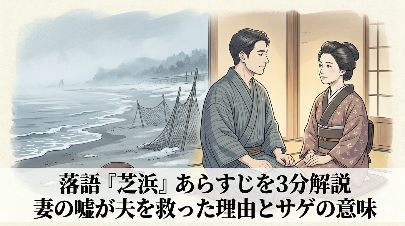 芝浜の浜辺と年末の夫婦の静かな再生を重ね、妻の嘘が夫を救った物語の核心を表した和風イラスト
