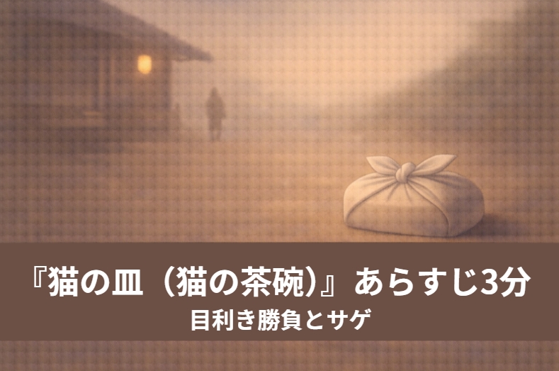 茶店の土間で猫の飯皿が名品だと気づき、道具屋が息をのむ落語『猫の皿』の場面を描いたイメージ画像