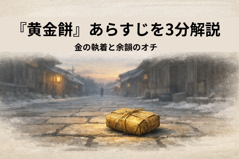 薄暗い長屋の一室で餅を手にうずくまる願人坊主の姿を描いた落語『黄金餅』の場面のイメージ画像