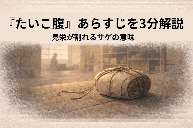 商家の座敷で番頭が帯を整え、太鼓腹を隠そうと前かがみになる旦那を描いた落語『たいこ腹』の場面のイメージ画像