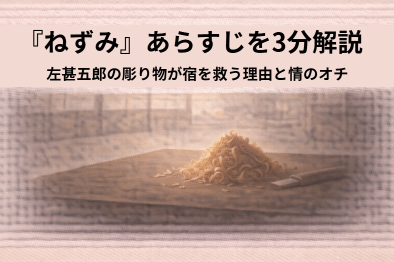 落語『ねずみ』は、ただ「名工の左甚五郎がすごい細工をした」という噺ではありません。腕はあるのにくすぶっていた職人が、寂れた宿のために彫った一匹のねずみで、人の暮らしも自分の生き方も動かしていく人情噺です。 しかも、この一席が気持ちいいのは、泣かせっぱなしで終わらないところにあります。宿の亭主の情、甚五郎の職人魂、宿場の評判、向かいの宿との張り合いがつながって、最後は「ねずみ」と「虎」の対立まできれいに回収される。だから読後感が軽い。 この記事では、落語『ねずみ』のあらすじを3分でつかめる形で整理しつつ、鼠屋と虎屋の構図、サゲの意味、なぜこの噺が今も仕事や人生に刺さるのかまで、初心者向けにわかりやすく解説します。 『ねずみ』のあらすじを3分解説〖結末ネタバレあり〗 落語『ねずみ』のあらすじを一言でいえば、左甚五郎が彫ったねずみが寂れた宿を救い、最後は虎との対比でサゲまで決まる職人噺です。前半は宿屋の苦境と甚五郎のくすぶり、中盤はねずみ細工の評判、終盤は鼠屋と虎屋の対立、そしてオチへと進みます。 項目 内容 分類 人情噺・職人噺 主な舞台 仙台の宿場・広瀬川あたりの宿 中心人物 左甚五郎、鼠屋の亭主、向かいの虎屋 見どころ ねずみの彫り物で宿が繁盛する流れ、職人の再生、虎との対立が生むサゲ オチの型 状況を踏まえた考えオチ＋軽い笑い ストーリーの流れ 起：旅の途中の左甚五郎は、仙台で寂れた宿「鼠屋」に泊まる。向かいには大きくて繁盛している「虎屋」があり、鼠屋の亭主は押されっぱなしで、商売にすっかり元気をなくしている。 承：亭主夫婦の人のよさに心を動かされた甚五郎は、礼代わりに宿のため何か彫ってやることにする。そこで彫り上げたのが、今にも動き出しそうな見事なねずみの細工だった。 転：そのねずみが評判を呼び、旅人や見物人が鼠屋に押し寄せる。宿は一気に繁盛し、向かいの虎屋は面白くない。対抗して虎の彫り物を置くと、鼠屋のねずみはぴたりと動かなくなったように見える。 結：「向かいに虎がいるから、ねずみが動けなくなった」と騒ぎになるが、甚五郎は向かいの彫り物を見て言う。「あれは虎じゃねえ、猫だ」。名工の仕事の違いと、鼠屋を救ったねずみの格が最後にもう一度際立って、噺が落ちる。 『ねずみ』の登場人物と基本情報 登場人物 左甚五郎：伝説的な名工。腕は超一流だが、最初はすっかりくさっている。鼠屋との出会いで職人としての気迫を取り戻す。 鼠屋の亭主：寂れた宿の主人。弱りながらも卑屈になりきらない人柄が、甚五郎の心を動かす。 鼠屋の女房：宿を支える現実的な存在。宿の空気が変わる喜びを生活の側から見せる。 虎屋の亭主：向かいの繁盛宿の主人。鼠屋の評判が上がるのを快く思わず、対抗意識を燃やす。 旅人・見物人：ねずみ細工の噂を広げ、宿の運を変える人たち。 基本情報 分類：人情噺／職人噺 舞台：仙台の宿場町 テーマ：職人の腕、人の情け、評判が生む再生 見どころ：左甚五郎の仕事が人を救う流れ、鼠屋と虎屋の対立、ねずみと虎の彫り物の対比 おすすめで聴きたい演者 三代目古今亭志ん朝：宿場の空気と人情の流れが美しく、ねずみの評判が広がる場面に華がある。 柳家喬太郎：職人噺の温度感と軽やかな笑いのバランスがよく、現代の聴き手にも入りやすい。 30秒まとめ 落語『ねずみ』は、左甚五郎が鼠屋のために彫ったねずみをきっかけに宿が繁盛し、最後は虎屋との張り合いまで巻き込んでオチへ進む人情噺です。見どころは、ねずみの細工がすごいだけでなく、その仕事が宿屋も職人も救っていくところにあります。 なぜ『ねずみ』は面白い？彫り物が宿を救う理由 この噺が面白いのは、名工の神業を見せるだけで終わらないからです。左甚五郎ほどの腕があっても、それだけで人生がうまく回るわけではない。けれど、その腕が「誰か困っている人のため」に使われた瞬間、宿の空気も本人の生き方も変わり始める。 鼠屋の亭主は、大げさに媚びるわけでもなく、甚五郎を利用しようとあからさまに迫るわけでもありません。ただ困っていて、それでも店を守ろうとしている。そこが、この噺の情の芯です。甚五郎はその姿に反応して、初めて本気で手を動かす。 しかも題材がねずみというのがいい。龍や虎のような大物ではなく、小さくて地味な存在なのに、細工として命が入ると急に場を支配する。寂れた鼠屋が、その小さなねずみ一匹で息を吹き返す構図は、ただの縁起話ではなく、小さな仕事が大きな流れを変える話として効いてきます。 だから『ねずみ』は、職人礼賛の噺であると同時に、仕事が届く回路の噺でもあります。腕があることより、届く相手がいること。そこがこの一席の強さです。 『ねずみ』のサゲ（オチ）の意味をわかりやすく解説 『ねずみ』のオチは、鼠屋と虎屋の対立がきれいに回収されるところにあります。鼠屋のねずみが評判になり、虎屋は対抗して虎の彫り物を置く。すると、鼠屋のねずみは動かなくなったように見える。ここで誰もが「やっぱり虎には勝てないのか」と思うわけです。 でも、左甚五郎はそこで終わらせません。向かいの彫り物を見て、「あれは虎じゃねえ、猫だ」と言い切る。この一言がサゲです。 なぜこのオチが効くのか。まず、表面上は彫り物の出来を比べる職人の一言になっています。けれど実際には、鼠屋を救ったねずみの価値をもう一度立て直している。虎屋は見た目だけ立派でも、名工の目から見れば本物ではない。逆に鼠屋のねずみは、小さくても人を呼び、宿を救い、最後まで物語を動かしている。本物の仕事はそっちだ、という意味まで入っています。 つまりサゲの意味は、単に「虎じゃなく猫だった」という笑いだけではありません。張りぼての大きさより、本当に人を動かした仕事のほうが強い、という回収になっている。だから軽い一言なのに、後味がとてもいいんです。 今読むと『ねずみ』が沁みる理由 今この噺が刺さるのは、「才能があれば勝てる」という単純な話ではないからです。腕があっても、くさっていたら届かない。いい人に出会っても、仕事が形にならなければ何も変わらない。『ねずみ』は、その厄介な現実をちゃんと通っています。 そのうえで、一つの仕事が誰かを助け、その手応えがまた職人自身を救い返す。ここに、いま働いている人間が共感しやすい強さがあります。報われない時期があっても、届く仕事を一つ作れば流れは変わるかもしれない。そう思わせてくれる。 だから『ねずみ』は、ただの教養落語ではありません。左甚五郎の伝説を借りながら、仕事と評判と人の情けがどう循環するかを描く噺です。そこが、ビジネスマンにも沁みる理由です。 飲み会で使える『ねずみ』の一言 『ねずみ』って、名工の話というより「小さな仕事が人も運も動かす」噺なんだよね。 [affi id=2] まとめ 落語『ねずみ』のあらすじは、左甚五郎が鼠屋のために彫ったねずみをきっかけに宿が繁盛し、最後は虎屋との対立まで回収される人情噺です。 見どころは、ねずみの細工のすごさだけでなく、その仕事が宿屋の暮らしと職人の心を同時に救うところにあります。 サゲの意味は「虎だと思ったら猫だった」という一言で、本物の仕事の価値を軽やかに示すところにあります。 関連記事 https://3min-nippon.blog/shinagawashinju/ https://3min-nippon.blog/nedoko/ https://3min-nippon.blog/tokisoba/ https://3min-nippon.blog/shinigami/ https://3min-nippon.blog/manjukowai/ [sp_easyaccordion id="89"]