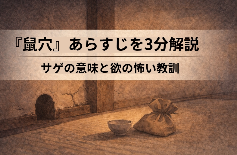 畳の上の小さな袋と茶碗、壁際の鼠穴が、夢と欲の苦い余韻を感じさせる『鼠穴』の情景。