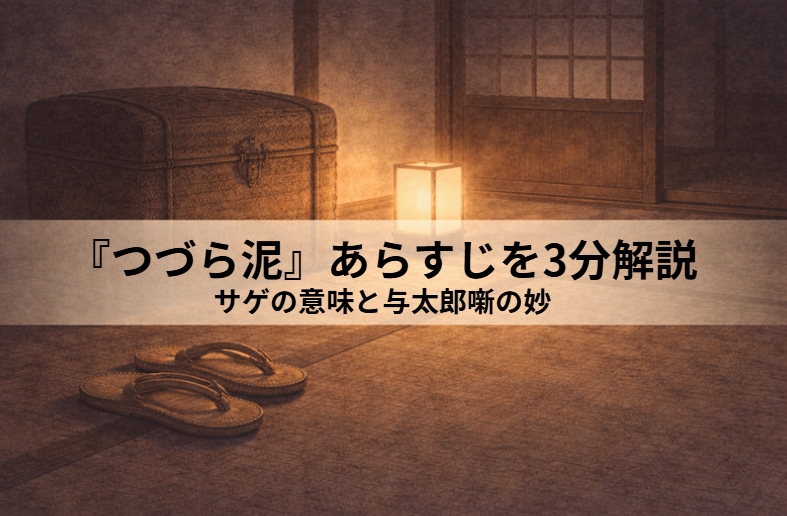 つづらの中に隠れて質屋へ運ばれようとした与太郎が自分の家で女房まで質物と思い込む落語『つづら泥』のイメージ画像