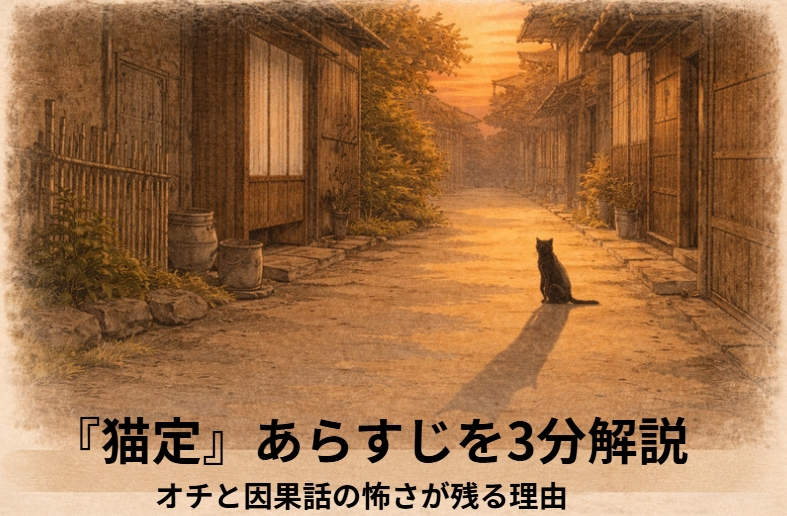 夕暮れの町並みの道に黒猫が一匹座り、因果話の不気味な余韻を感じさせる『猫定』の情景