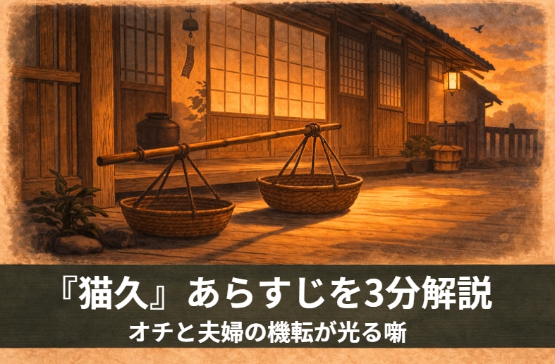 猫のようにおとなしい八百屋の久六が激怒し女房が神棚で脇差をいただいて渡す一件が近所の噂から武士の解釈で夫婦の格に変わる落語『猫久』のイメージ画像