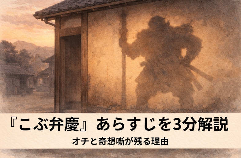伊勢参り帰りの旅人が大津の宿で壁土を食べた男の肩に武蔵坊弁慶そっくりのこぶが生えてしゃべり出す上方落語の奇想噺『こぶ弁慶』のイメージ画像