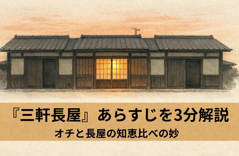 三軒長屋の真ん中の妾宅をめぐり旦那が立ち退かせようとした両隣の鳶頭と剣術師匠に逆に金を取られ両隣が入れ替わるだけのオチになる江戸落語『三軒長屋』のイメージ画像