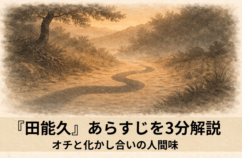 阿波の芝居好きの男・田能久が山道で大蛇に出会い狸だと嘘をついて逃げ延び村人と大蛇を退治するが最後に金への本音が返ってくる上方落語の滑稽噺『田能久』のイメージ画像