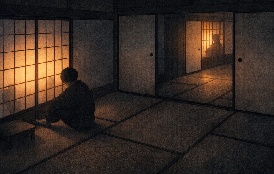 深夜の座敷で待たされた客たちが別々の部屋にいて障子越しに気配だけが伝わる一場面