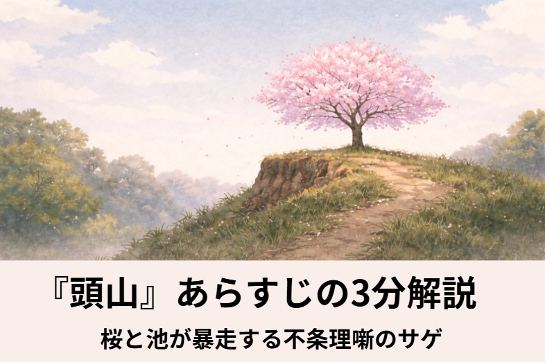 さくらんぼの種を飲み込んだ男の頭に桜が生え花見の名所になり池まででき最後は自分の頭の池に身を投げるサゲになる古典落語の不条理噺『頭山』のイメージ画像