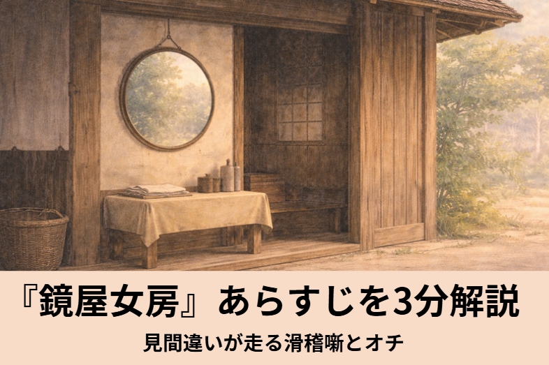 鏡を知らない夫婦が自分の顔を他人と思い込み夫婦でそれぞれ違う方向に勘違いが連鎖して騒動になる上方落語の滑稽噺『鏡屋女房』のイメージ画像