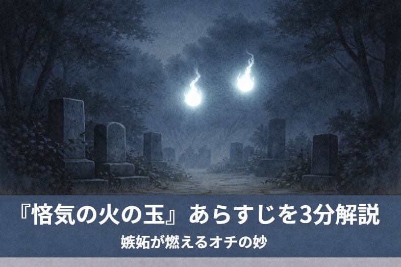 旦那をめぐる本妻と妾の嫉妬が死後も火の玉となって続き最後は本妻の火の玉が煙草の火を貸さずすっと逃げるサゲになる古典落語の滑稽噺『悋気の火の玉』のイメージ画像