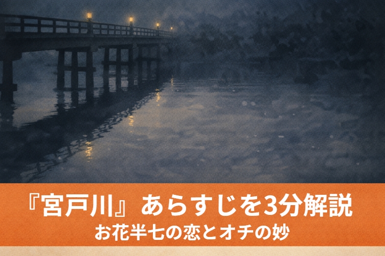 家を締め出された半七が幼なじみのお花と再会し叔父夫婦の勘違いで恋の空気に引き込まれ小僧に現実へ戻される古典落語の恋愛噺『宮戸川』のイメージ画像