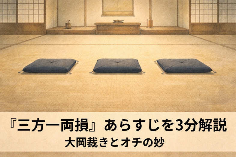 落とした三両をめぐり大工と左官が意地を張り大岡越前が三方一両損の裁きを下す古典落語の政談噺『三方一両損』のイメージ画像