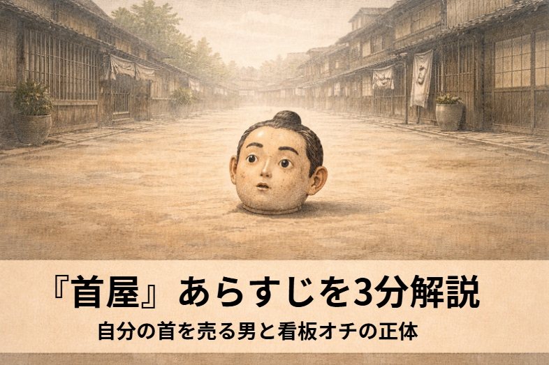 首屋でございと自分の首を売り歩く男が殿様に買われそうになり張り子の看板で逃げるオチになる古典落語『首屋』のイメージ画像